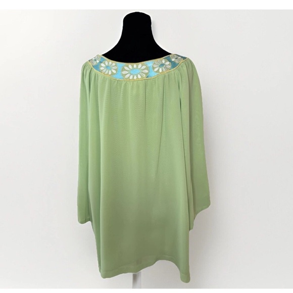 Bob Mackie Blouse Tunic 2X Womens Green Top Floral Embroidered Beaded Party Boho - Picture 3 of 9